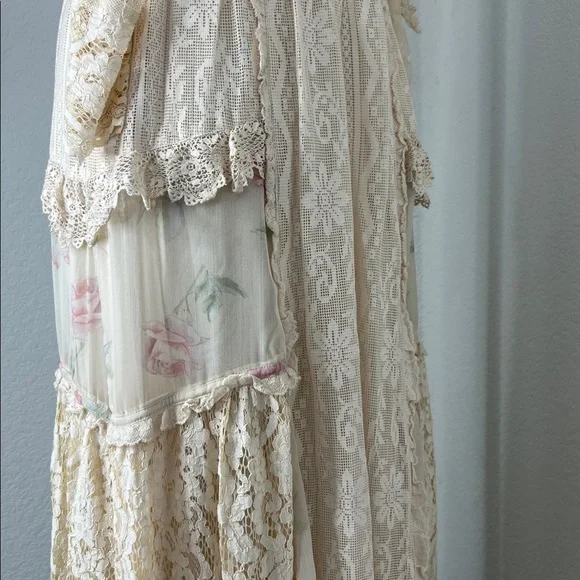 LoveShackFancy Ibis Beaded Ruffle V Plunge Lace Overlay Dress in Magnolia Tea - Picture 7 of 16